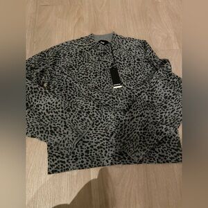 Monrow Mini Leopard Mock Neck Pullover Sweater in Vintage Black